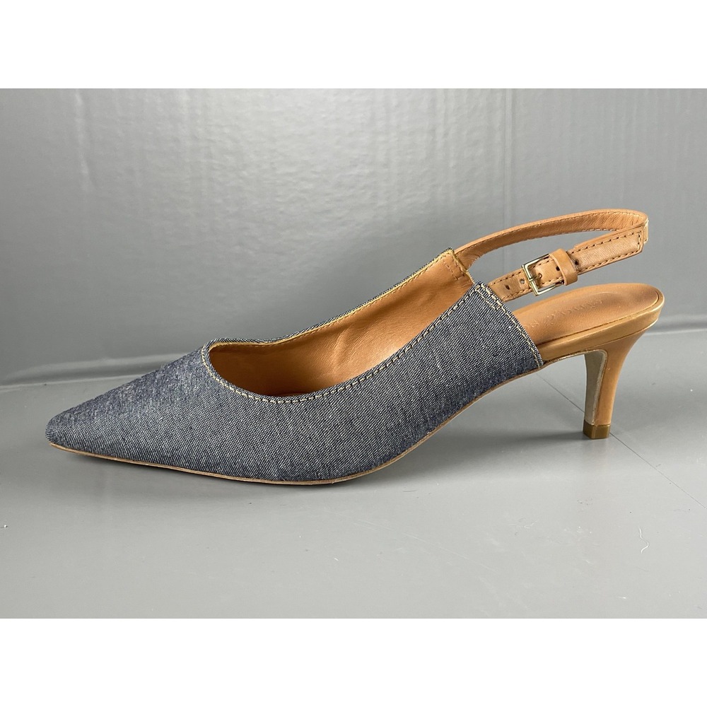 Cinq a Sept Shoes Womens Size 37 Blue Denim Slingback Pointed Toe Kitten Heels - Picture 9 of 14